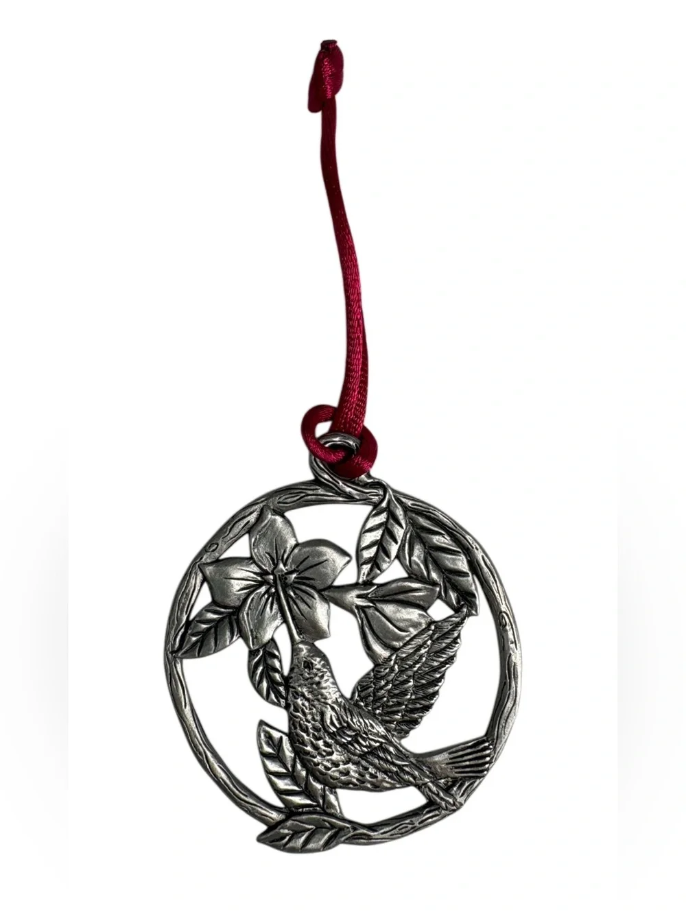 Vintage Pewter Hummingbird Flower Christmas Ornament